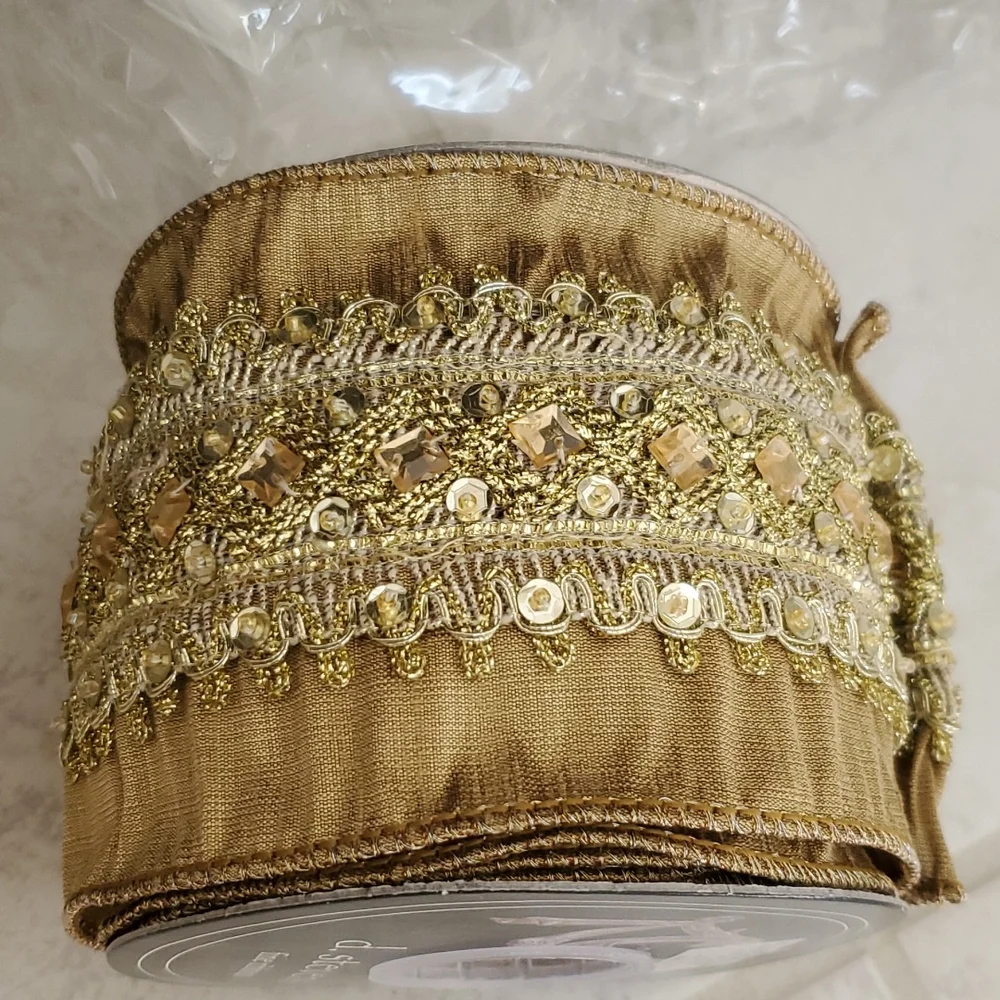 💛💫 FRONTGATE ROYAL JEWELED GOLD FAUX SILK RIBBON GARLAND 💫💛